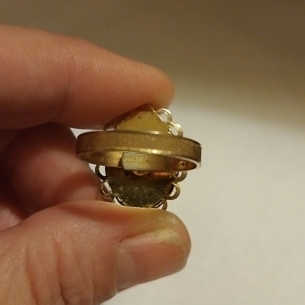 Vintage Czech Sand Stone Set In Gold Tone Filagree Adjustable Band Marked - Picture 5 of 12
